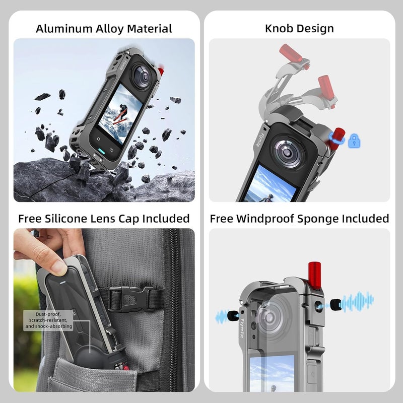 Flymile Insta 360 X5 Utility Cage/Carrying Case (Frame + Lens Cap) Lens Guard/2 Pack Screen Protector Accessories Kit, Tempered Film Glass Metal Cover Portable Bag for Insta360 X5 Protective Bundle - Image 3